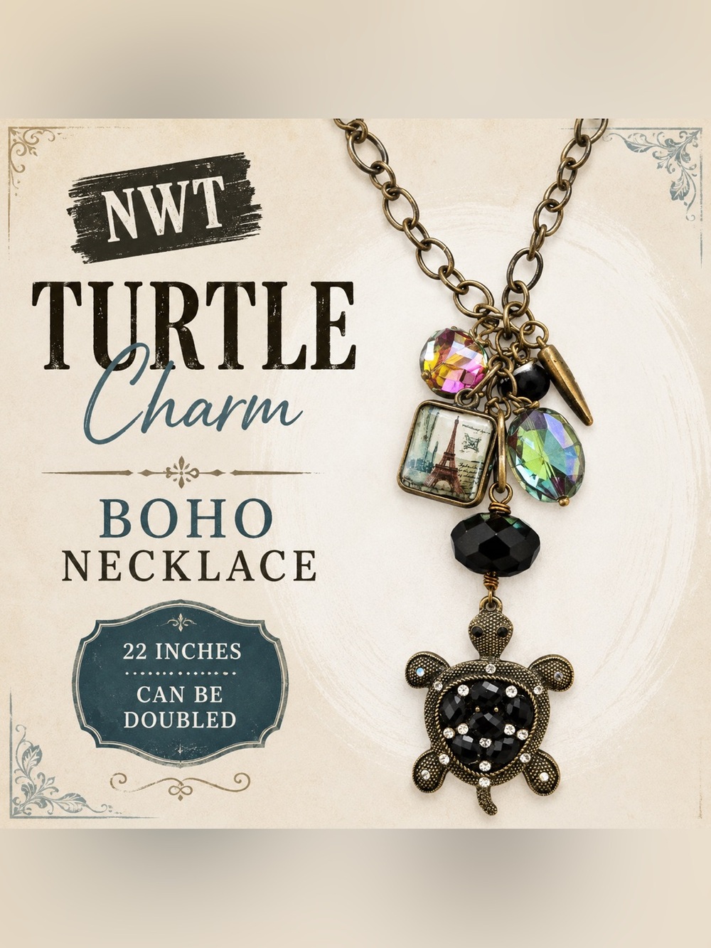 Boho Turtle Charm Necklace with Black and Iridescent Accents NWT